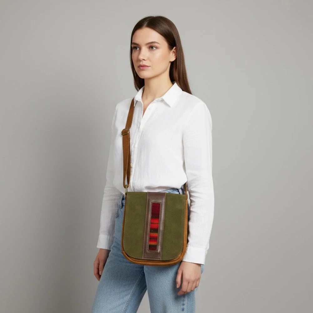 PERUVIAN SOUL Suede & Manta Messenger Bag‎ Olive Adjustable Strap Handcrafted